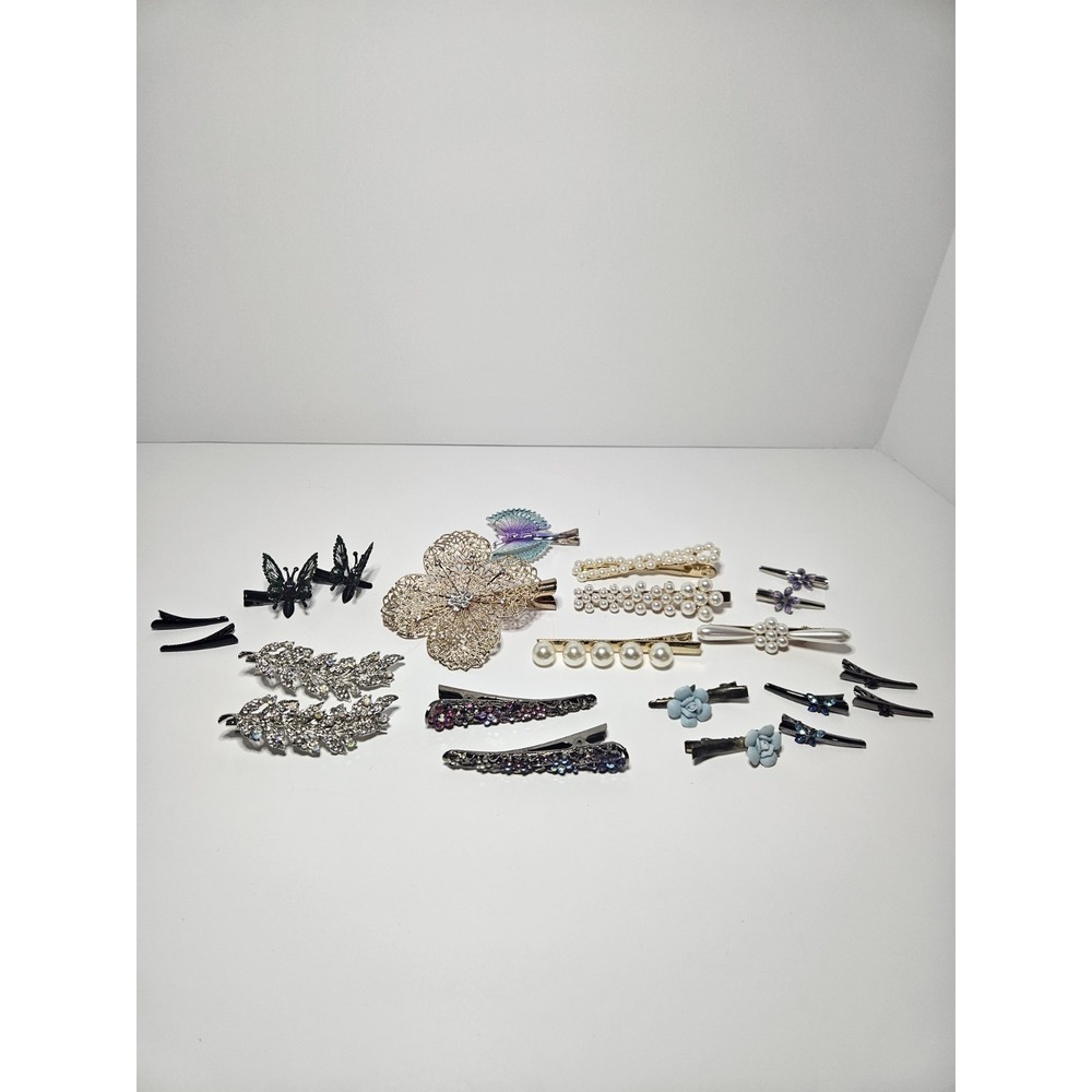 Vintage Hair Barrettes Clips Lot 21pc Huge Rhinestone Pearl Butterfly Floral Set
